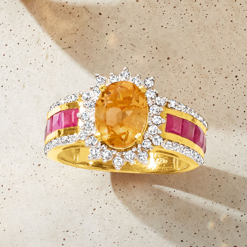 1.90 Carat Citrine, 1.00 ct. t.w. Ruby and .50 ct. t.w. White Zircon Ring in 18kt Gold Over Sterling image number 4