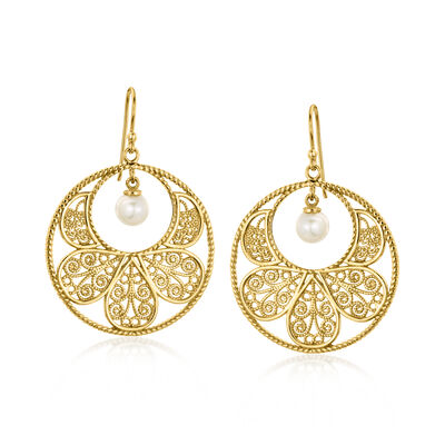 14kt Yellow Gold-Plated Filigree Disc Drop Earrings with 6.5-7mm Cultured Pearls