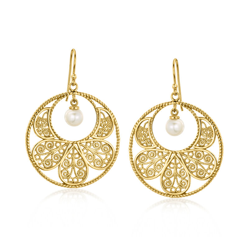 14kt Yellow Gold-Plated Filigree Disc Drop Earrings with 6.5-7mm Cultured Pearls image number 0