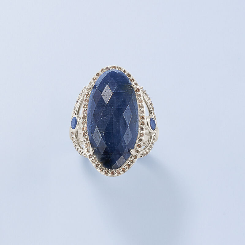 16.10 ct. t.w. Sapphire and .70 ct. t.w. Champagne Diamond Ring in Sterling Silver image number 7