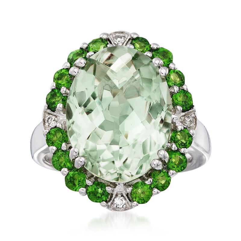 8.25 Carat Green Prasiolite and 1.20 ct. t.w. Green Dioside Ring with Diamond Accents in Sterling Silver. Size 8 image number 0