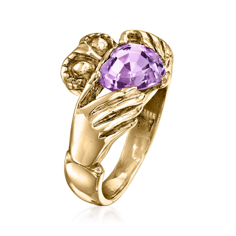 C. 1980 Vintage 1.80 Carat Amethyst Claddagh Ring in 14kt Yellow Gold image number 2