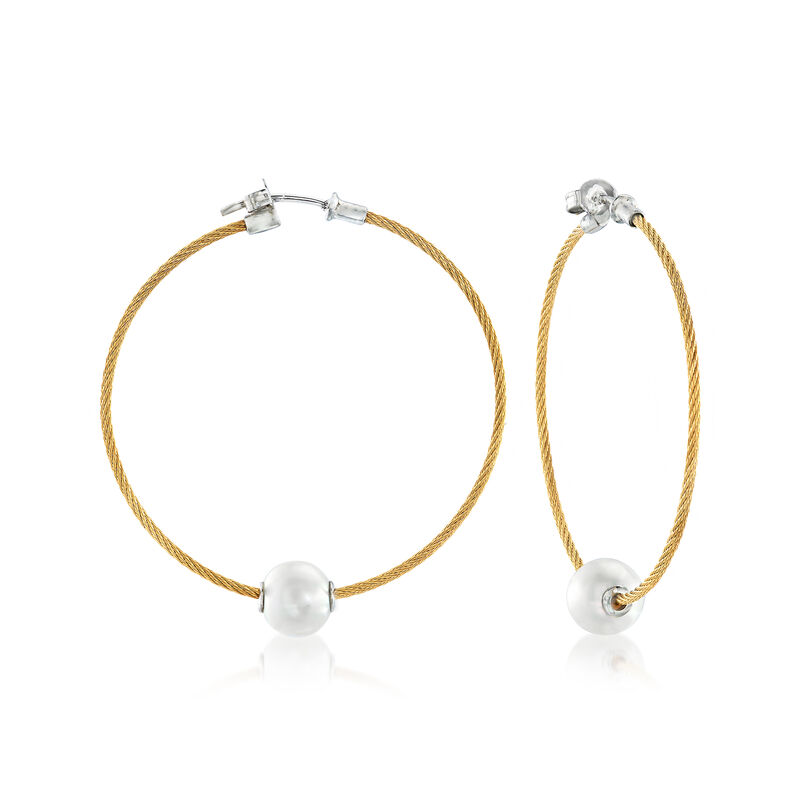 ALOR &quot;Classique&quot; 8mm Cultured Pearl and Yellow Stainless Steel Cable Hoop Earrings with 18kt White Gold. 1 3/4&quot; image number 0