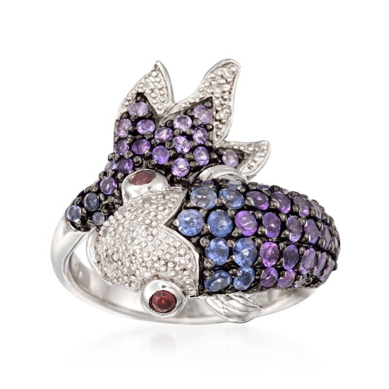 .90 ct. t.w. Amethyst and .40 ct. t.w. Iolite Koi Ring with Diamonds and Garnets in Sterling Silver image number 0