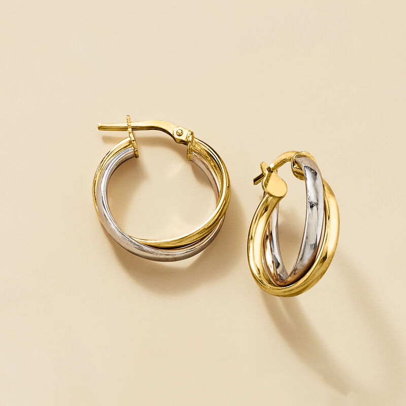 Italian 18kt Gold Over Sterling and Sterling Silver Double-Row Hoop Earrings. 3/4" image number 3