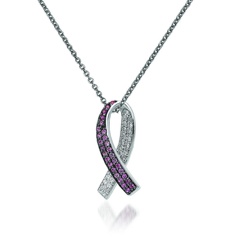 .22 ct. t.w. Pink Sapphire and .13 ct. t.w. Diamond Breast Cancer Awareness Pendant Necklace in 14kt White Gold. 18&quot; image number 0