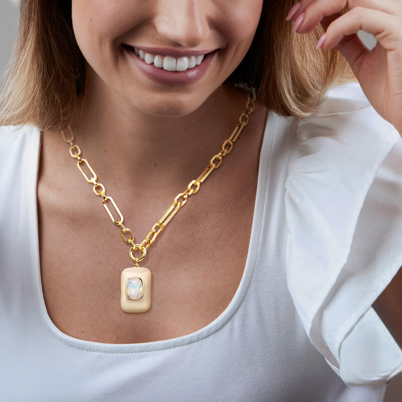 14kt Yellow Gold-Plated Necklace with Simulated White Gemstone and White Enamel. 18" image number 0