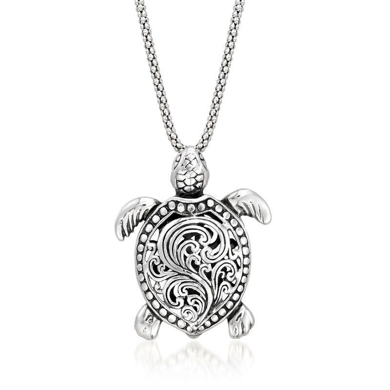 Sterling Silver Bali-Style Turtle Pendant Necklace. 18&quot; image number 1