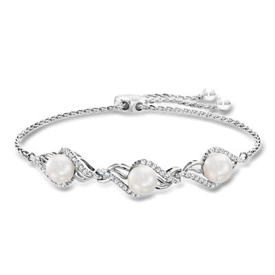 7-7.5mm Cultured Pearl and .40 ct. t.w. White Topaz Bolo Bracelet in Sterling Silver