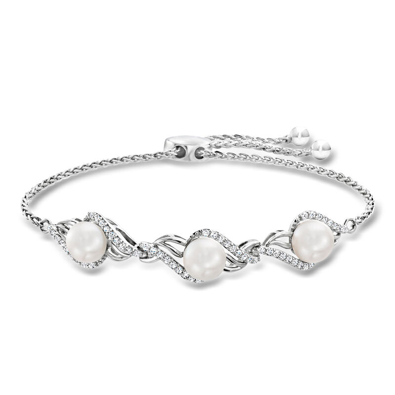 7-7.5mm Cultured Pearl and .40 ct. t.w. White Topaz Bolo Bracelet in Sterling Silver image number 0