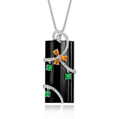 C. 1990 Vintage Onyx, .45 ct. t.w. Orange Sapphire and .36 ct. t.w. Emerald Pendant Necklace with .40 ct. t.w. Diamonds in 18kt White Gold