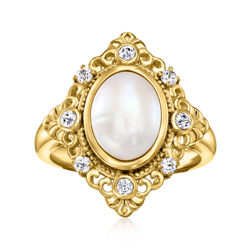 11x8mm Cultured Pearl and .40 ct. t.w. White Zircon Ring in 18kt Gold Over Sterling image number 0
