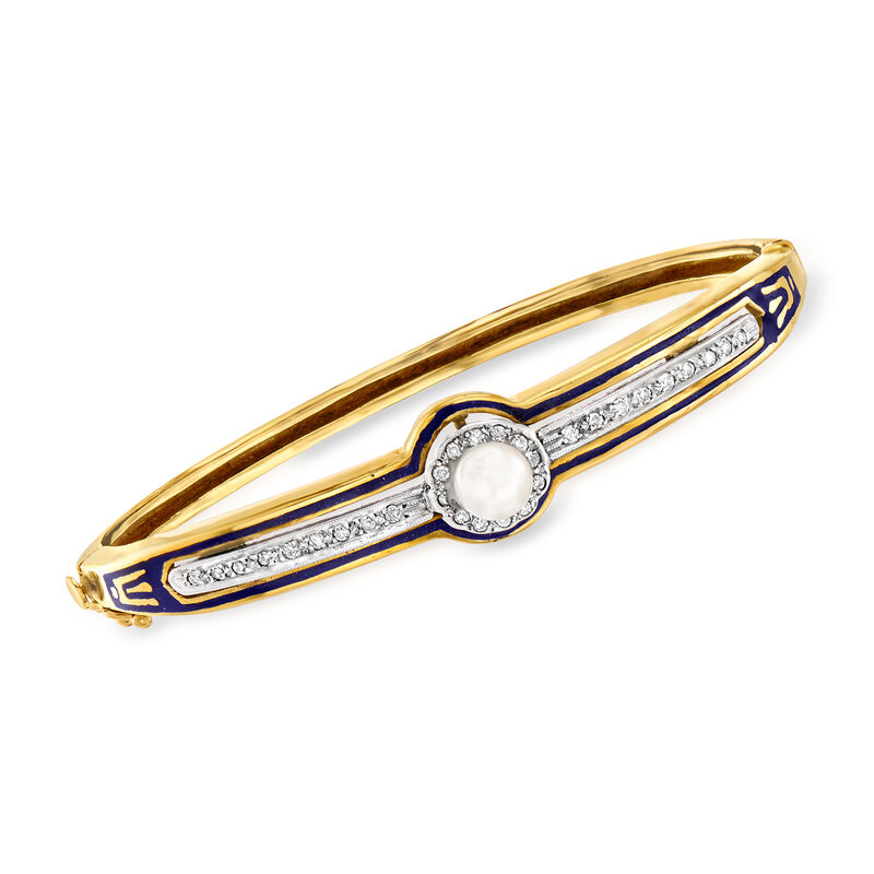 C. 1950 Vintage 5.8mm Cultured Pearl and .30 ct. t.w. Diamond Bangle Bracelet with Blue Enamel in 14kt Yellow Gold image number 0