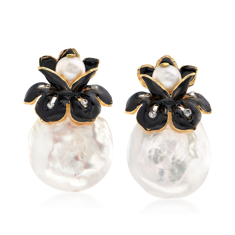 2mm Cultured Pearl Floral Earrings with CZ Accents in 18kt Gold Over Sterling image number 0