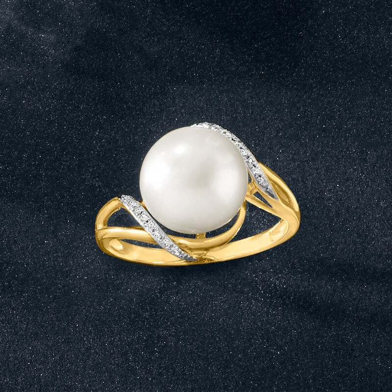 10-10.5mm Cultured Pearl Wave Ring with Diamonds in 14kt Yellow Gold image number 4