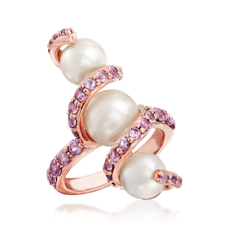 7-9mm Cultured Pearl and .90 ct. t.w. Amethyst Ring in 18kt Rose Gold Over Sterling Silver image number 3