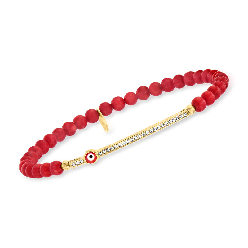 4mm Simulated Red Coral Bead and .10 ct. t.w. CZ Evil Eye Stretch Bracelet with Enamel in 18kt Gold Over Sterling  image number 0