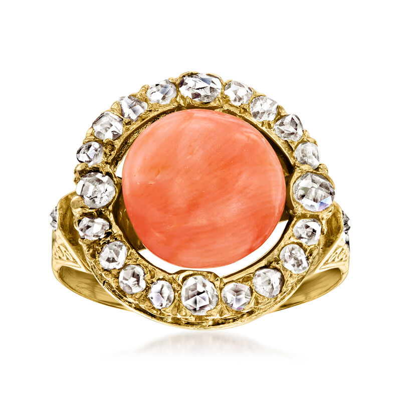 C. 1900 Vintage Coral and .60 ct. t.w. Diamond Ring in 18kt Yellow Gold image number 0