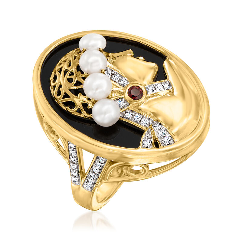 Black Agate, 3.5-4mm Cultured Pearl and .14 ct. t.w. Multi-Gemstone Cameo-Style Ring in 18kt Gold Over Sterling image number 2