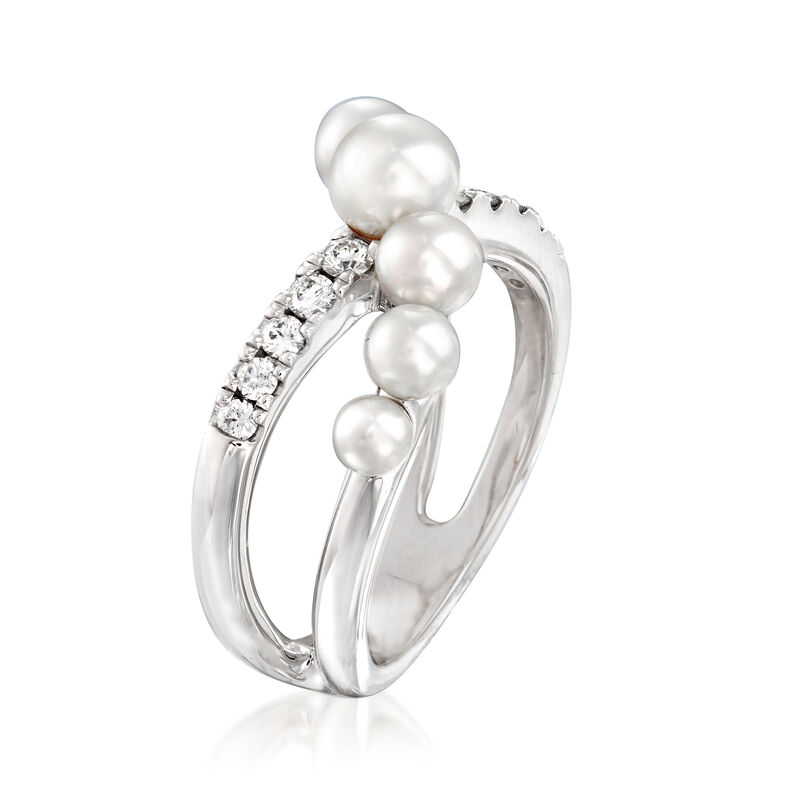 Mikimoto &quot;Japan&quot; 3.25-5.35mm A+ Akoya Pearl and .22 ct. t.w. Diamond Crisscross Ring in 18kt White Gold. Size 7 image number 2