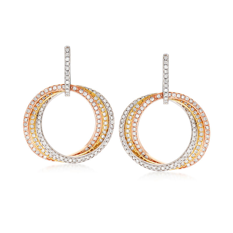 2.25 ct. t.w. Diamond Interlocking-Circle Drop Earrings in 14kt Tri-Colored Gold image number 0