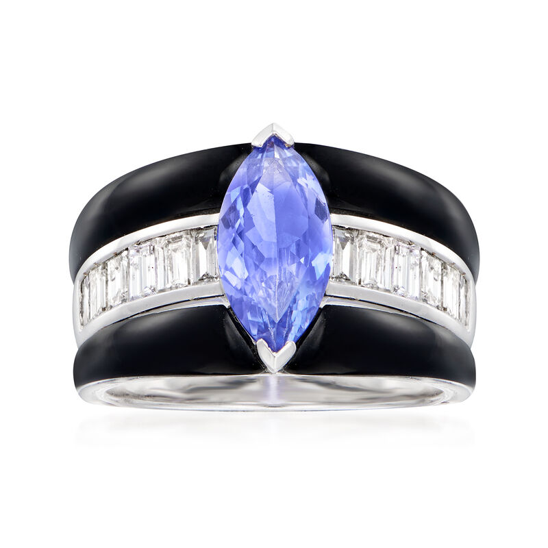 1.60 Carat Tanzanite and .94 ct. t.w. Diamond Ring with Black Agate in 18kt White Gold. Size 10 image number 0