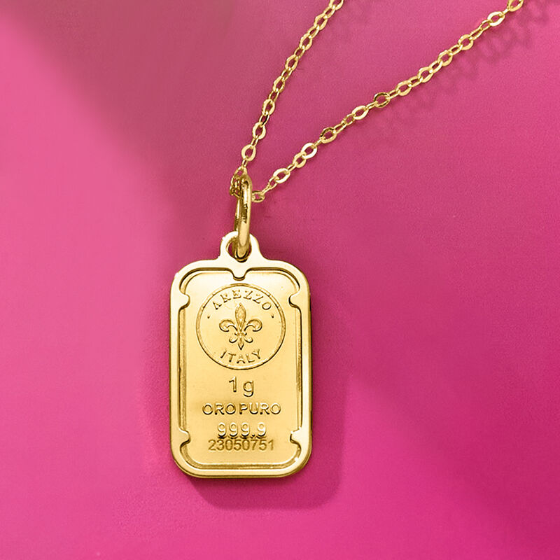 Italian 24kt Yellow Gold Fleur-De-Lis One-Gram Ingot Pendant Necklace with 14kt Yellow Gold Frame image number 2