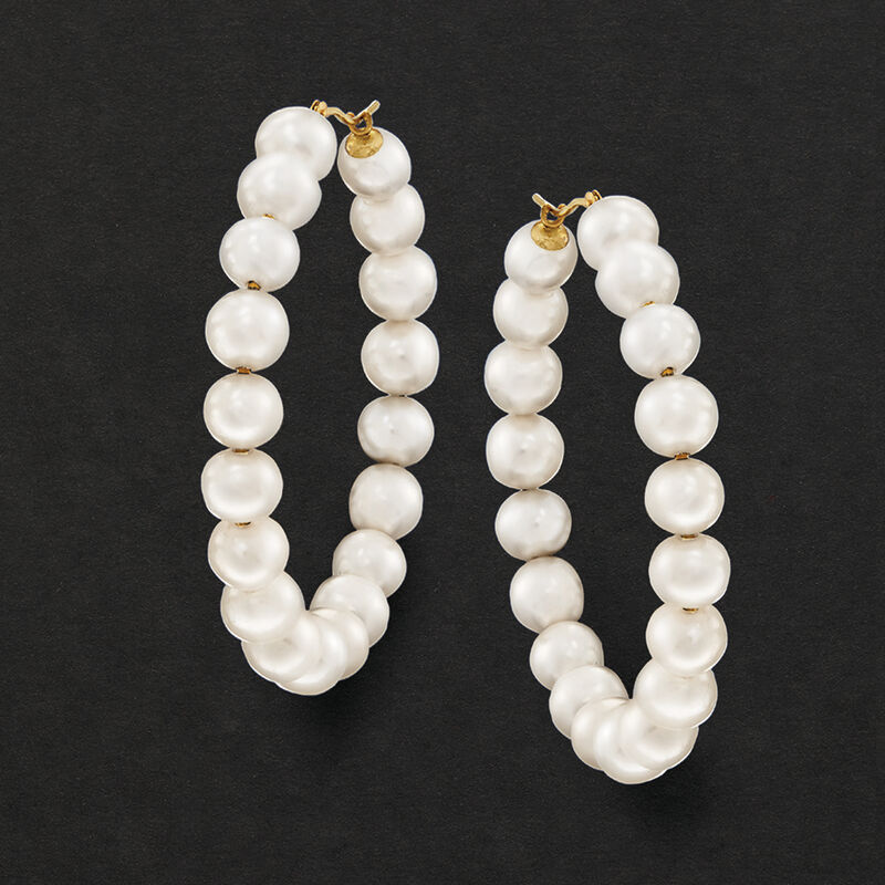 6-7mm Cultured Pearl Hoop Earrings in 14kt Yellow Gold. 1 7/8&quot; image number 3