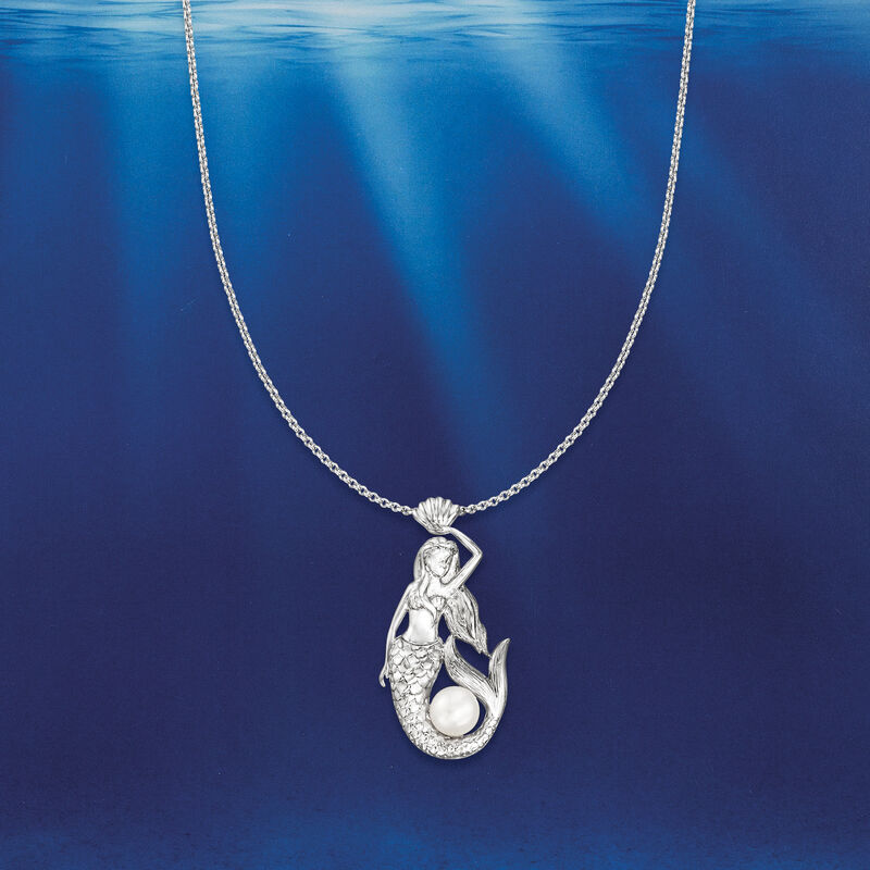 8.5-9mm Cultured Pearl Mermaid Pendant Necklace in Sterling Silver. 18&quot; image number 3