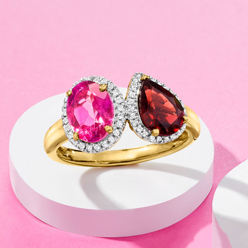 1.40 Carat Pink Topaz and 1.20 Carat Garnet Toi et Moi Ring with .40 ct. t.w. White Topaz in 18kt Gold Over Sterling image number 3