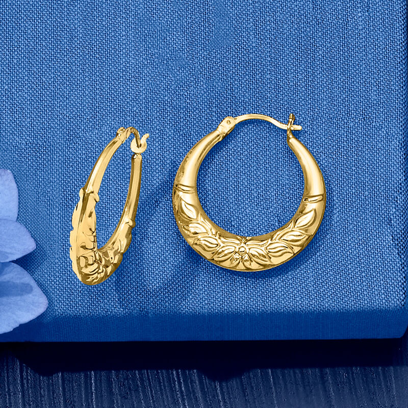 14kt Yellow Gold Floral Hoop Earrings. 7/8&quot; image number 4