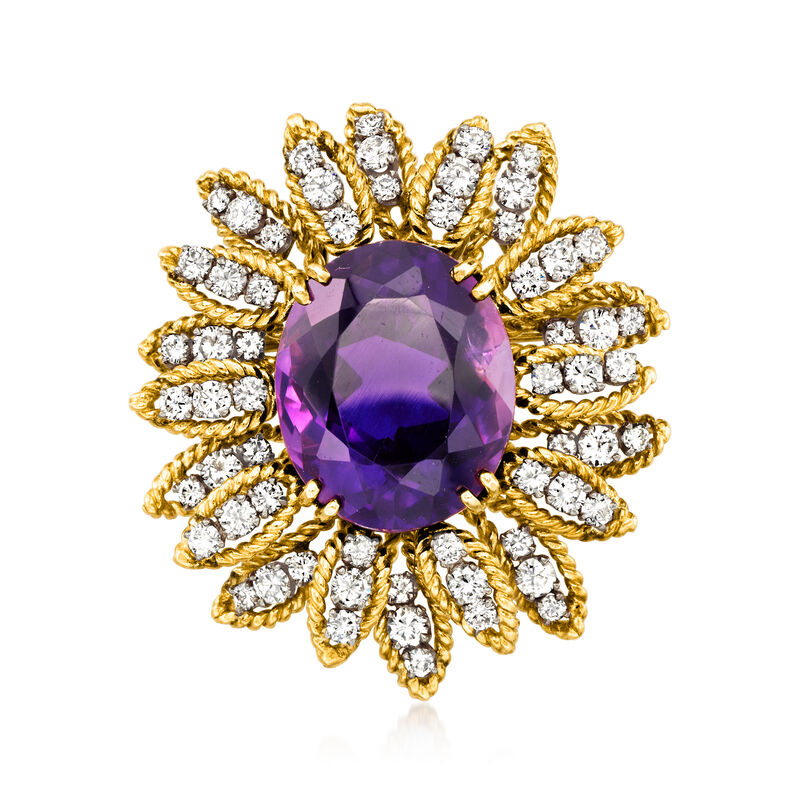 C. 1970 Vintage 18.35 Carat Amethyst and 3.60 ct. t.w. Diamond Flower Pin in 14kt Yellow Gold  image number 0