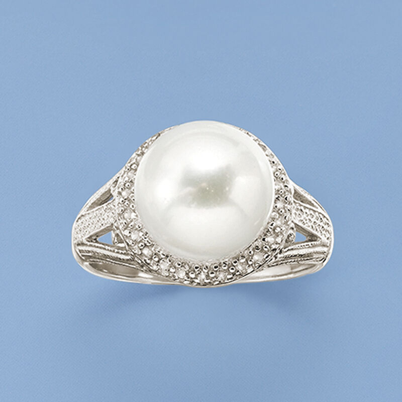11-12mm Cultured Pearl and .20 ct. t.w. White Topaz Ring in Sterling Silver image number 4