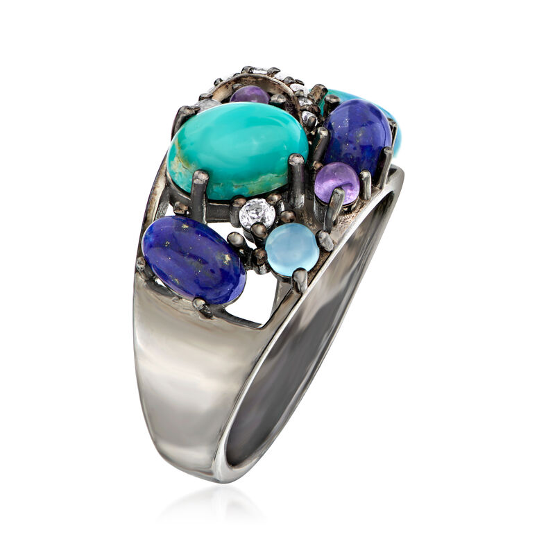 Turquoise, Lapis and .20 ct. t.w. Multi-Gem Ring in Sterling Silver image number 2