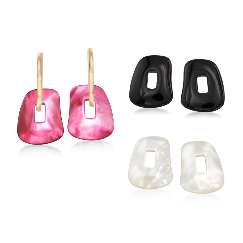 Mattioli &quot;Puzzle&quot; 18kt Yellow Gold Earrings with Three Interchangeable Drops: Black Onyx and Pink and White Mother-Of-Pearl image number 0