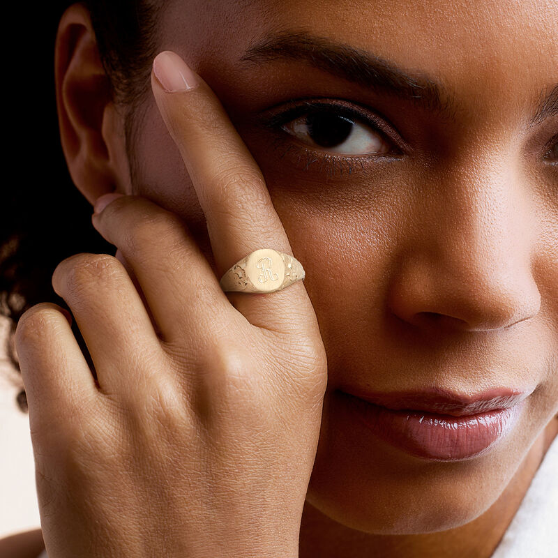 14kt Yellow Gold Personalized Floral Signet Ring image number 1