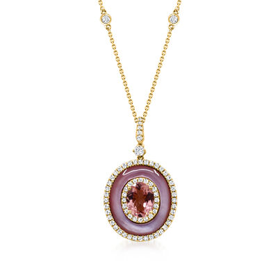 1.80 Carat Pink Tourmaline and .70 ct. t.w. Diamond Pendant Necklace with Pink Mother-of-Pearl in 14kt Yellow Gold