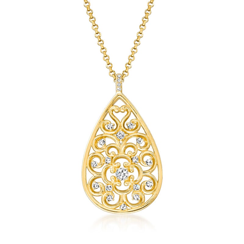 Charles Garnier &quot;Filigree&quot; .15 ct. t.w. CZ Teardrop Pendant Necklace in 18kt Gold Over Sterling image number 0