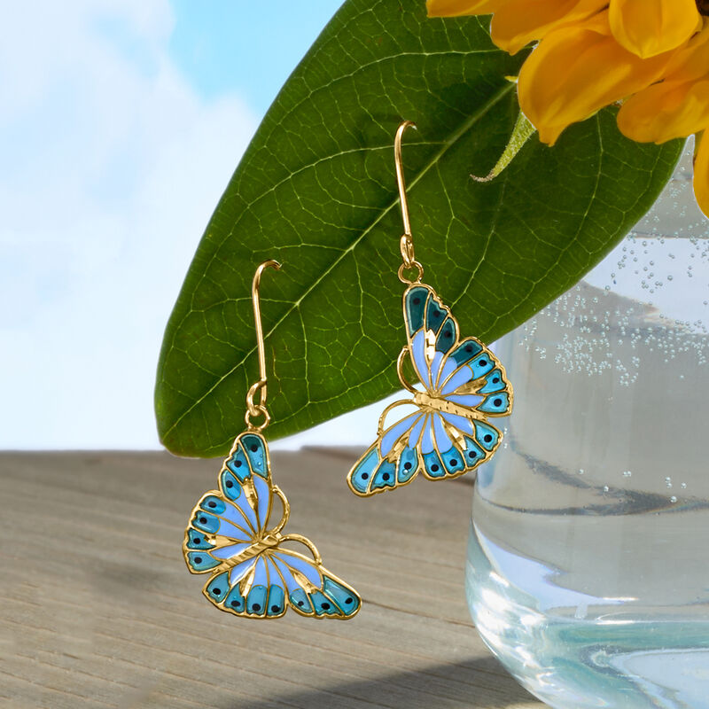 Italian Tonal Blue Enamel Butterfly Drop Earrings in 14kt Yellow Gold image number 2