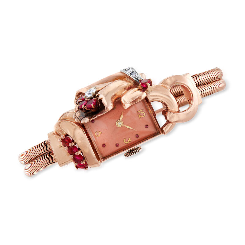 C. 1930 Vintage .73 ct. t.w. Ruby and .32 ct. t.w. Diamond Foldover Watch in 14kt Rose Gold image number 2