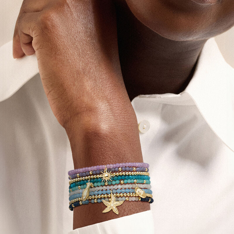 Multi-Gemstone and 14kt Yellow Gold-Plated Jewelry Set: Nine Bead Stretch Bracelets with Sea Life Charms image number 1