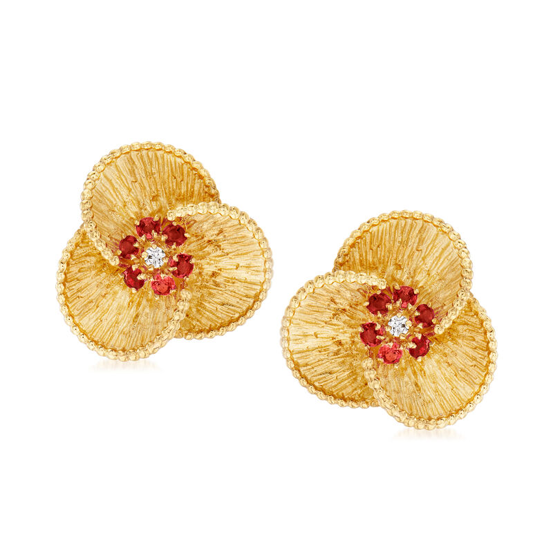 C. 1980 Vintage .75 ct. t.w. Ruby Flower Clip-On Earrings with Diamond Accents in 18kt Yellow Gold image number 0