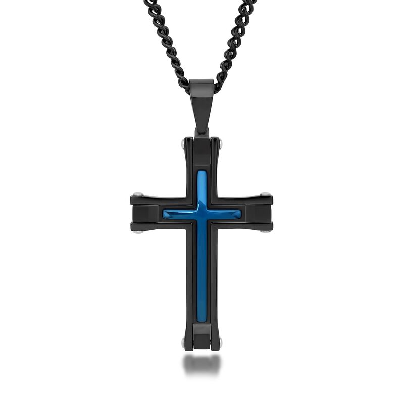 Men's Black and Blue Stainless Steel Cross Pendant Necklace image number 0