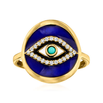 .10 ct. t.w. White Topaz and Multicolored Enamel Evil Eye Ring with Turquoise in 18kt Gold Over Sterling