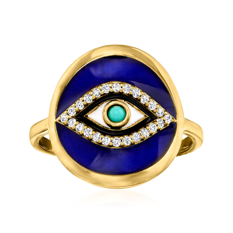 .10 ct. t.w. White Topaz and Multicolored Enamel Evil Eye Ring with Turquoise in 18kt Gold Over Sterling image number 0