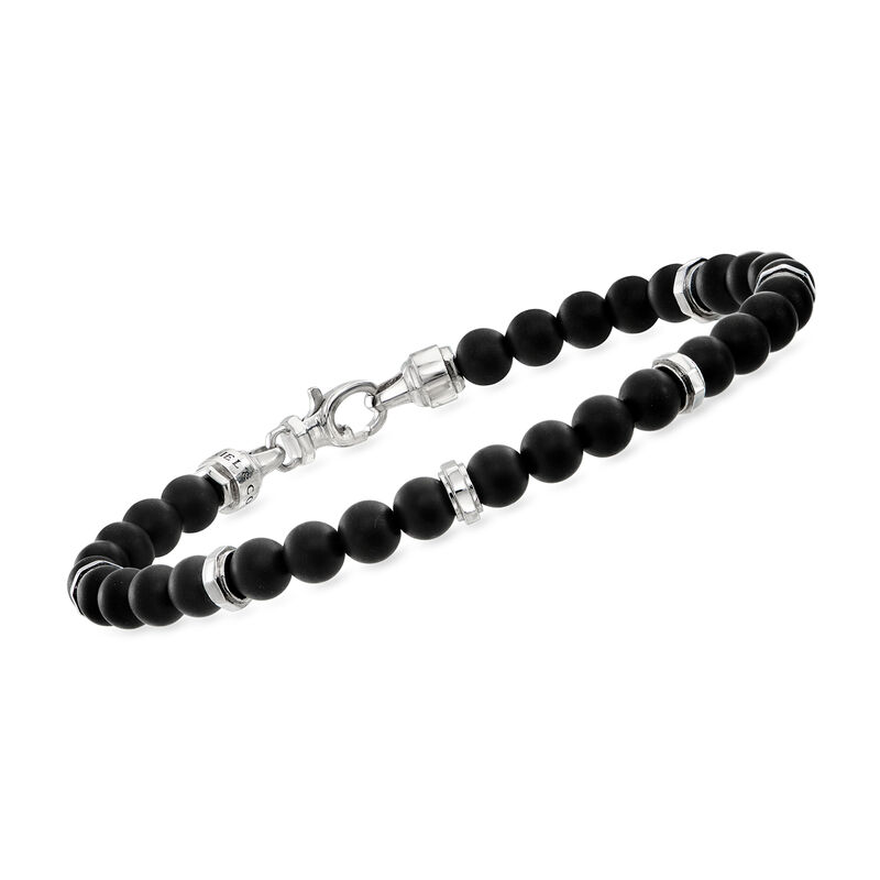 Gabriel Designs Men's 6mm Black Titanium Bead Bracelet with Sterling Silver. 8" image number 0