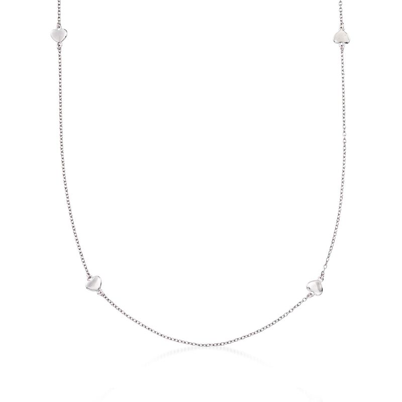 Sterling Silver Heart Station Necklace. 36&quot; image number 1