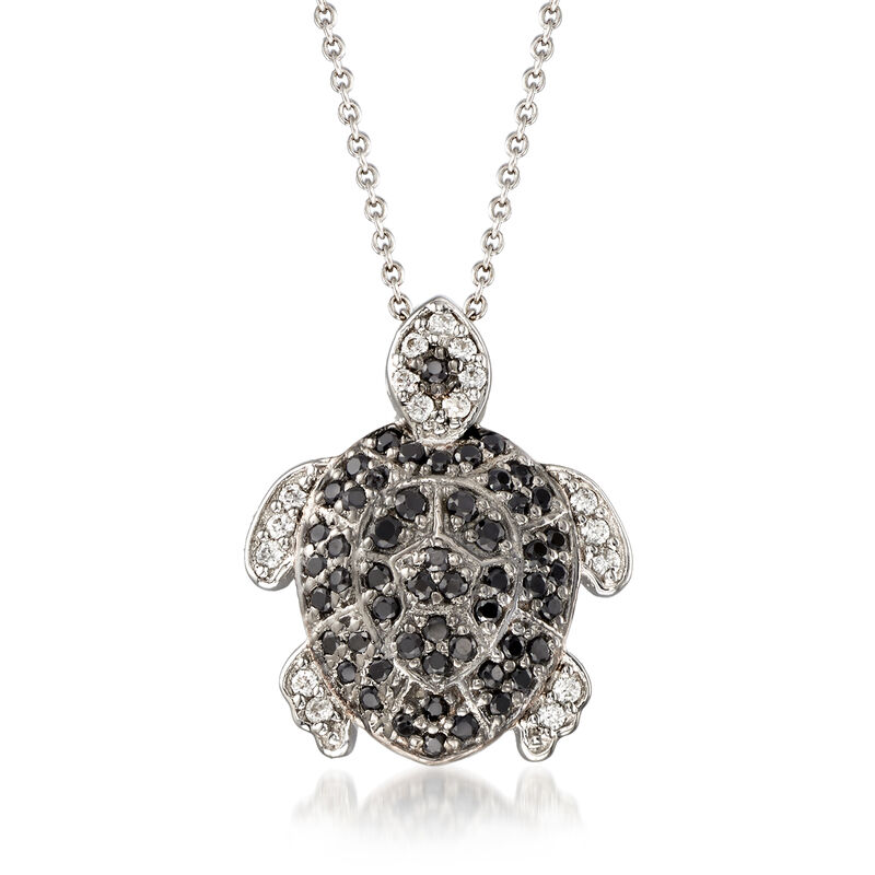 .50 ct. t.w. Black Spinel and .19 ct. t.w. White Zircon Turtle Pendant Necklace in Sterling Silver image number 0