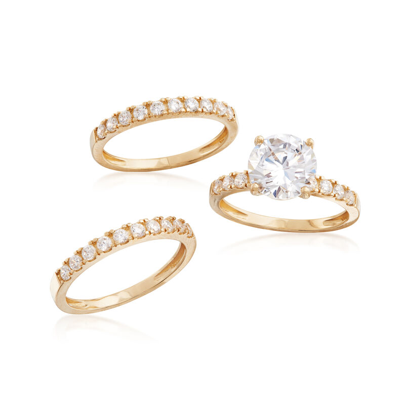 3.50 ct. t.w. CZ Bridal Set: Engagement and Wedding Rings in 14kt Yellow Gold image number 3