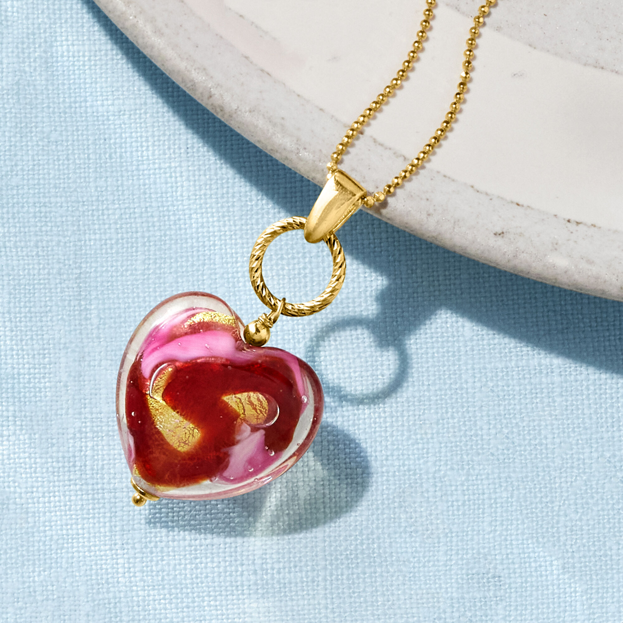 Italian Red and Pink Murano Glass Heart Necklace in 18kt Gold Over